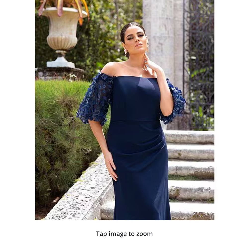 Xscape Blue Off-Shoulder Flutter Sleeve Gown